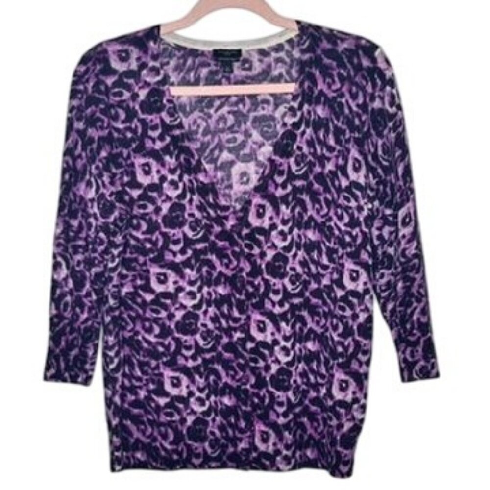 Talbots Italian Merino Wool V-Neck 3/4 Sleeve Leopard Button Cardigan Womens LP